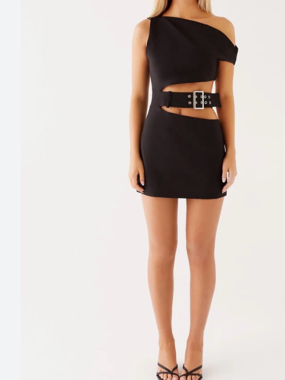 Peppermayo Black One-Shoulder Cutout Mini with Buckle Detail